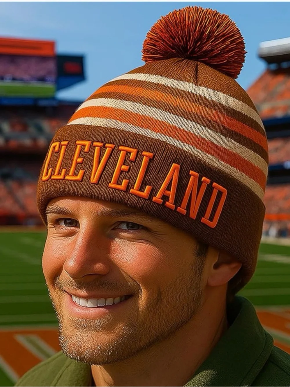 Cleveland Striped Pom Beanie & Gloves Set - Adult- Brown/Orange/White